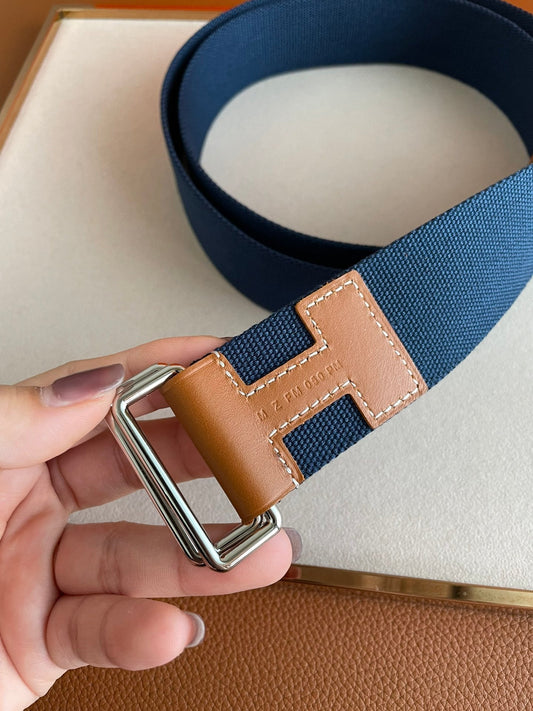 4.0CM BLUE TEXTILE BROWN LEATHER H BELT
