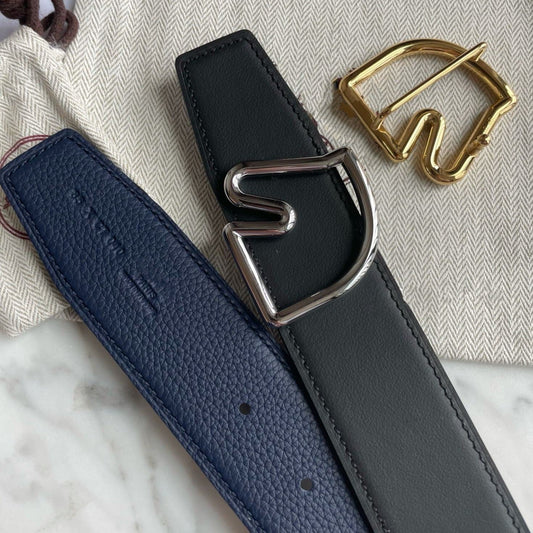 H BELT HORSE BUCKLE BLUE BLACK LEATHER REVERSIBLE 3.8CM
