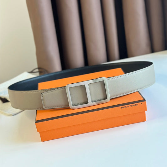 HM BELT BUCKLE & REVERSIBLE GREY PASTEL AND BLACK LEATHER STRAP 38MM SILVER HARDWARE