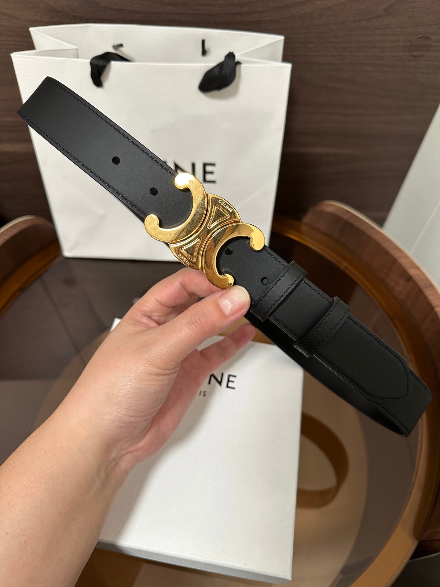TRIOMPHE BELT 30MM IN BLACK CALFSKIN WITH GOLD BUCKLE