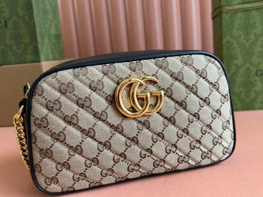 MARMONT MEDIUM SHOULDER BAG 24 IN BEIGE AND BROWN GG CANVAS BLACK CALFSKIN