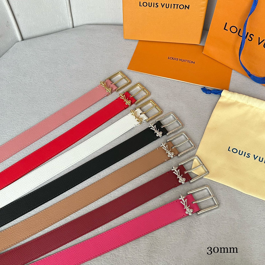 LV Bloom 30mm Belt Gold Buckle Red Brown Leather