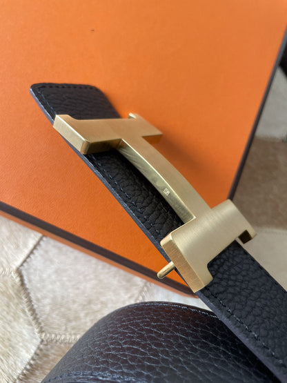 H CONTANCE BELT 38MM GOLD BUCKLE BLACK LEATHER