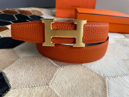 H CONTANCE BELT 32MM GOLD BUCKLE BLACK ORANGE LEATHER