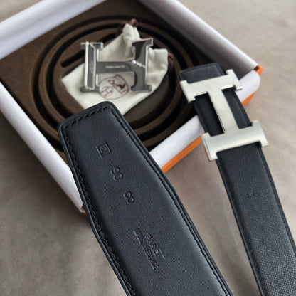 H CONTANCE BELT 38MM SILVER BUCKLE DARK BLUE LEATHER