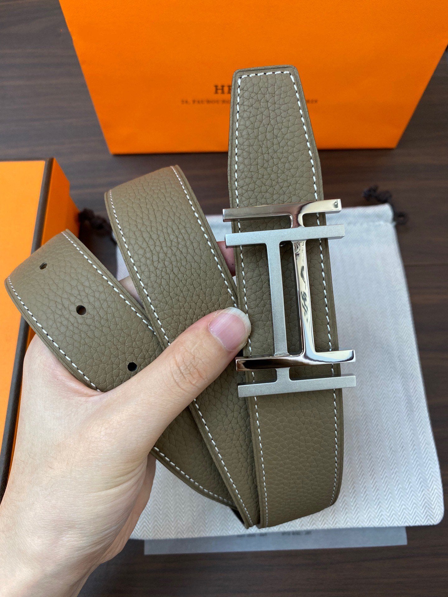 DOUBLE H BELT 32MM SILVER BUCKLE BLACK ETOUPE LEATHER