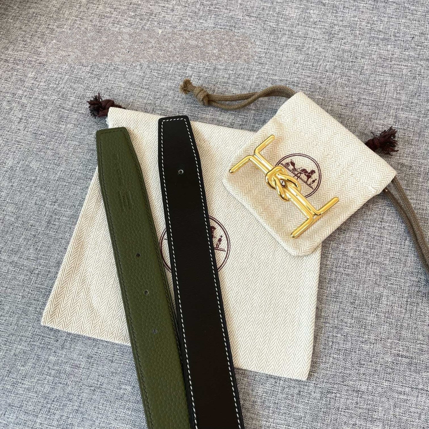 H MARIN REVERSIBLE BELT 32MM GOLD BUCKLE BLACK DARK GREEN LEATHER