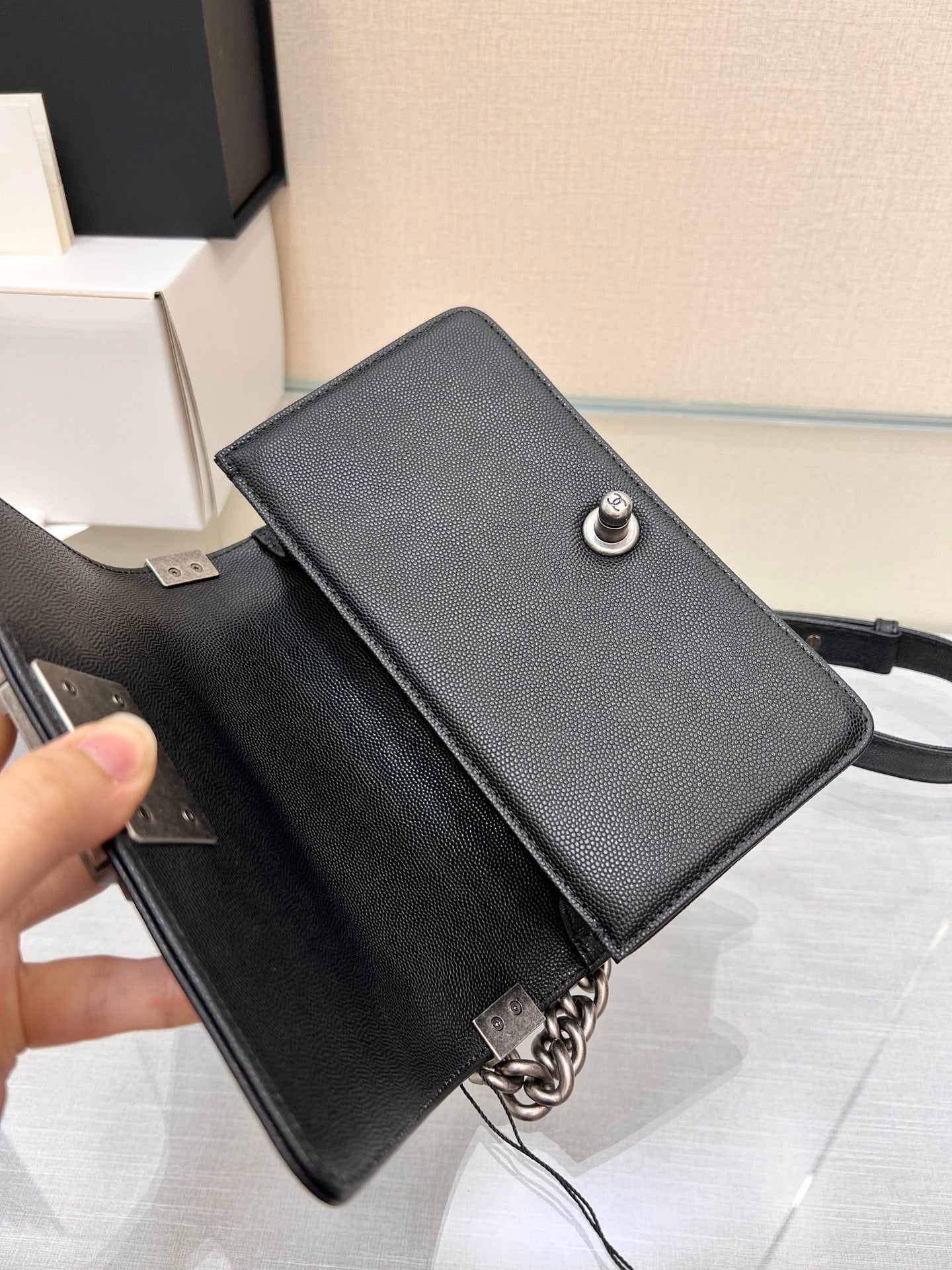 BOY BAG SMALL 20 BLACK CHEVRON CAVIAR RUTHENIUM HARDWARE
