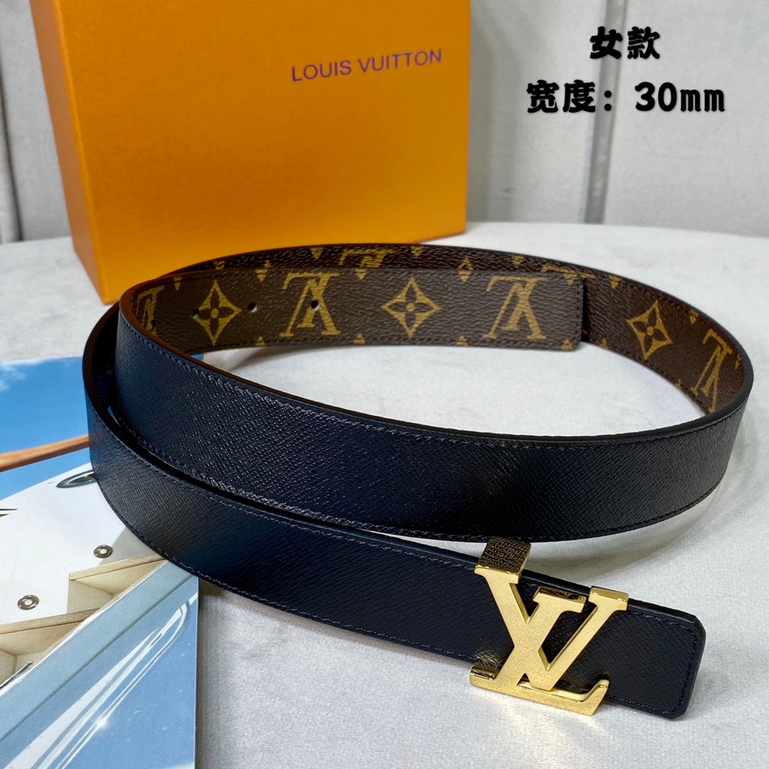 LV INITIALES 30 MM REVERSIBLE BELT IN BROWN MONOGRAM AND BLACK CALFSKIN GOLD HARDWARE