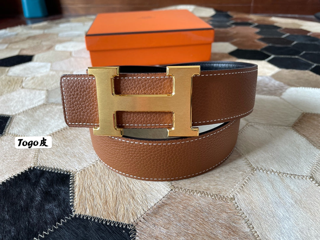 HM CONSTANCE BELT BUCKLE & REVERSIBLE BRONZE BROWN LEATHER STRAP 38MM GOLD HARDWARE