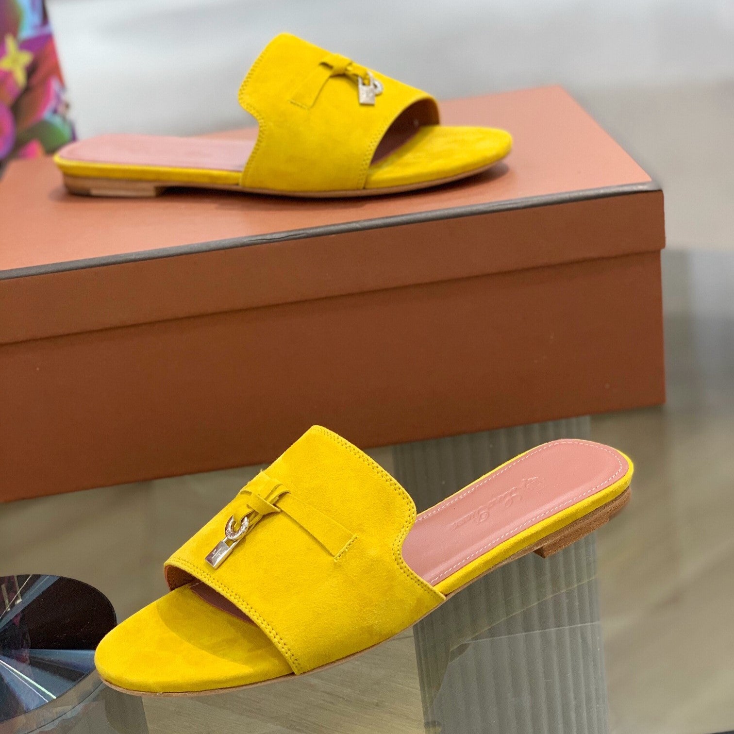 Summer Charms Sandals in Yellow Suede Pink Lambskin