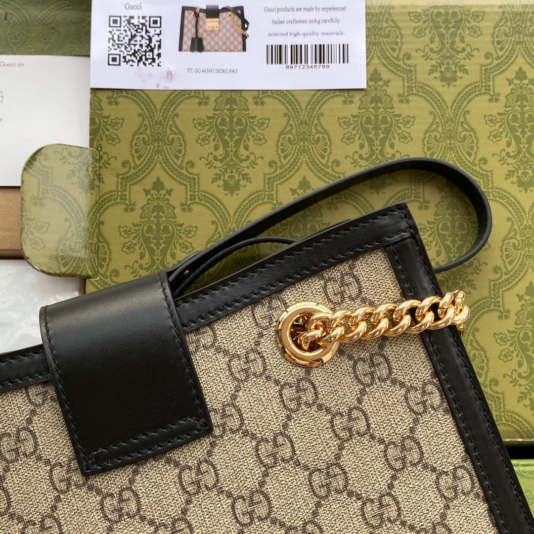 GG PADLOCK MEDIUM 26 SHOULDER BAG BEIGE CANVAS AND BLACK CALFSKIN
