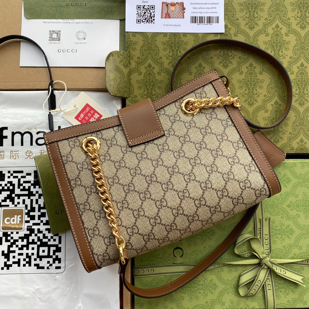 GG PADLOCK MEDIUM 26 SHOULDER BAG BEIGE CANVAS AND BROWN CALFSKIN