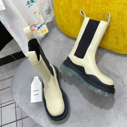 TIRE CHELSEA BOOT IN BLACK MIX BISQUE BEIGE CALFSKIN WITH TRANSPARENT SOLE