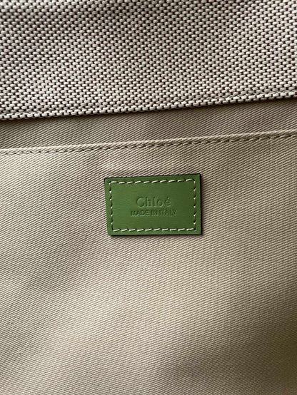 LAGRE WOODY TOTE BAG 45 IN BEIGE LINEN CANVAS BLACK WEBBING LOGO EMBROIDER GREEN CALFSKIN