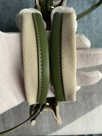SMALL STRAP WOODY TOTE BAG 26.5 IN BEIGE LINEN CANVAS BLACK WEBBING LOGO EMBROIDER GREEN CALFSKIN