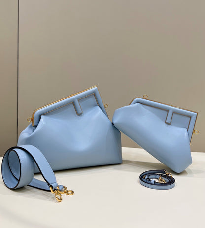 FENDI FIRST SMALL 32 IN LIGHT BLUE NAPPA LEATHER BAG GOLD HARDWARE