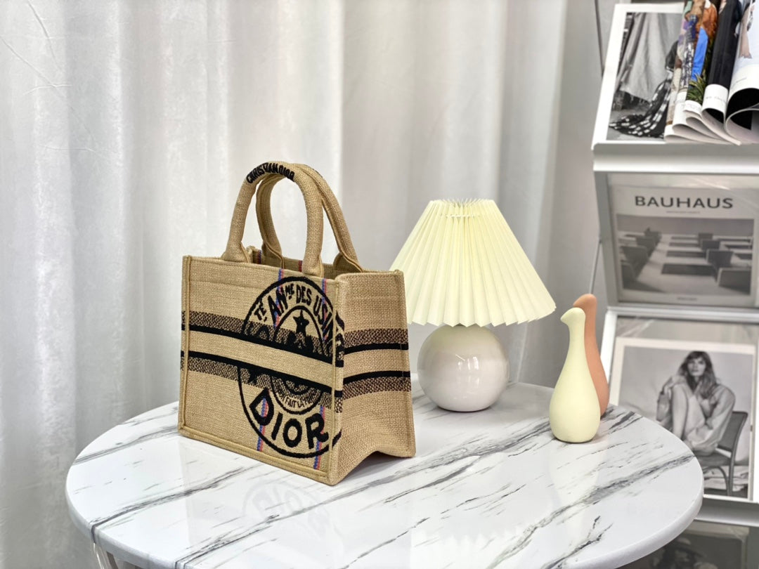 SHOPPING BAG 26 IN BEIGE AND BLACK EMBROIDERED CANVAS