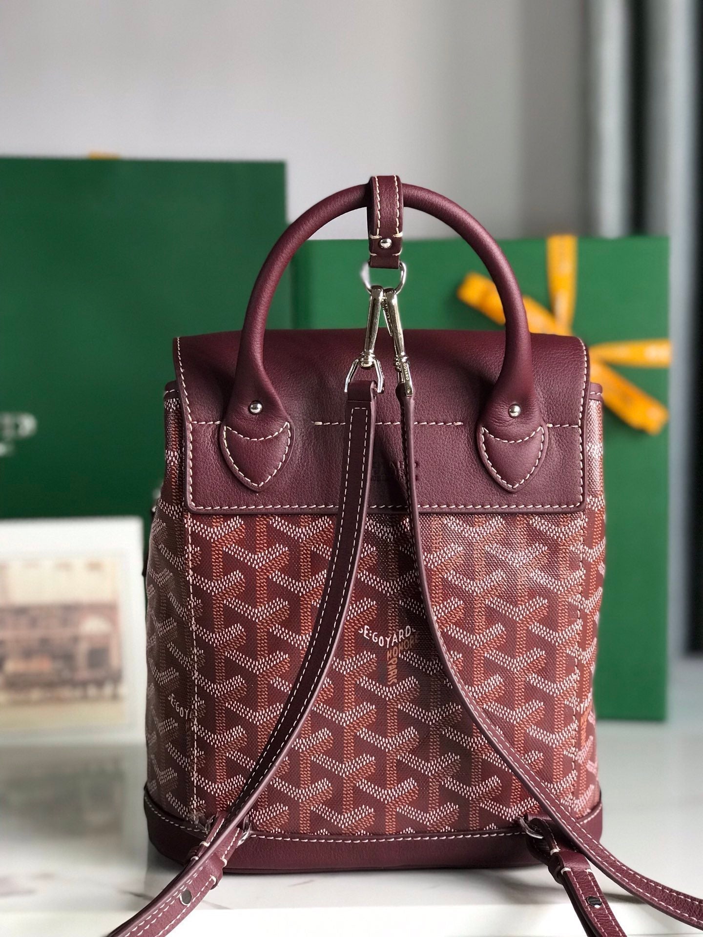 ALPIN MINI BACKPACK 21 IN WINE RED LAMBSKIN AND GOYARDINE CANVAS