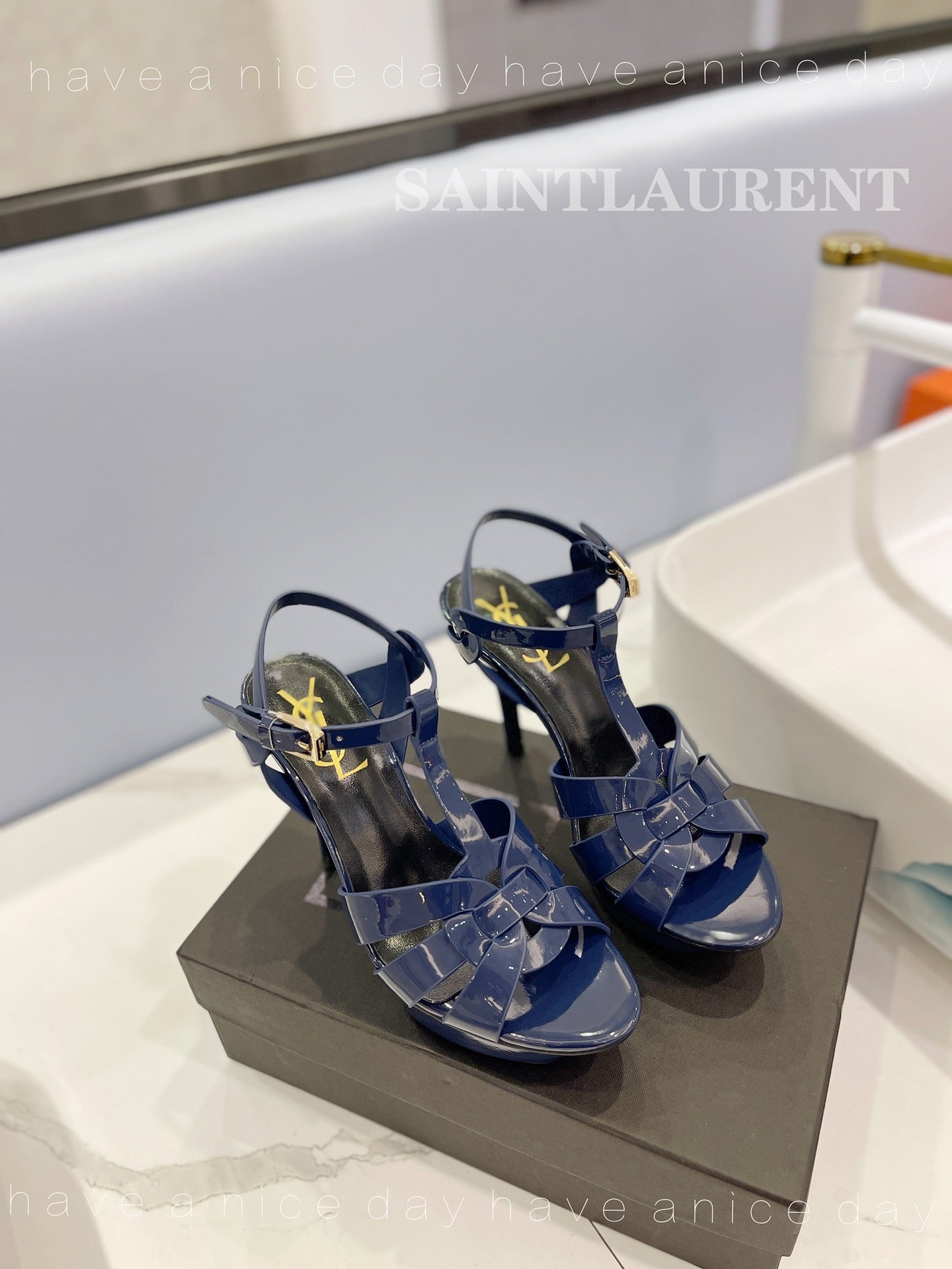 SL TRIBUTE POINED TOE SANDALS GLOSSY NAVY CALFSKIN