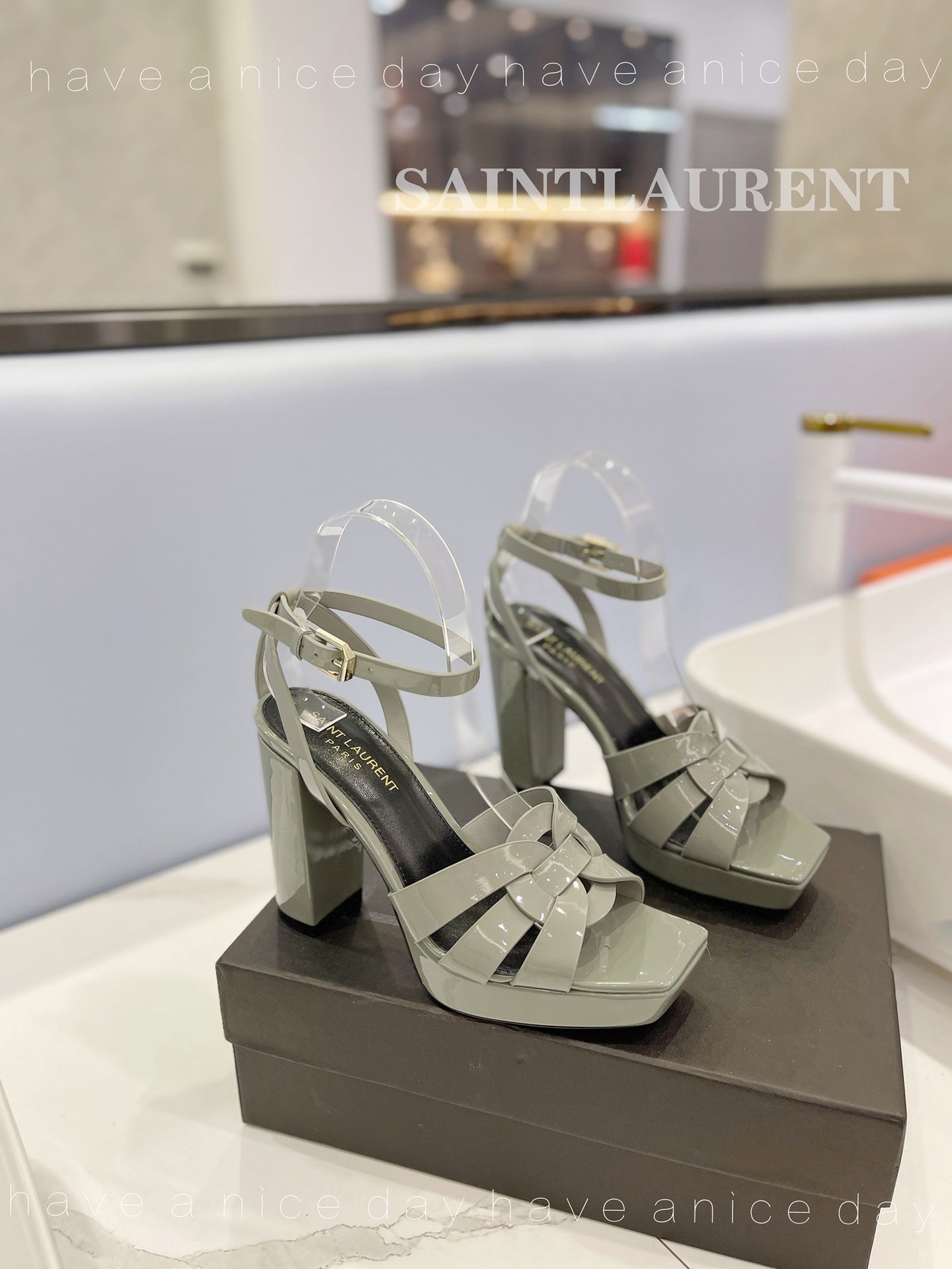 SL TRIBUTE FLATFORM SANDALS GLOSSY SAGE CALFSKIN
