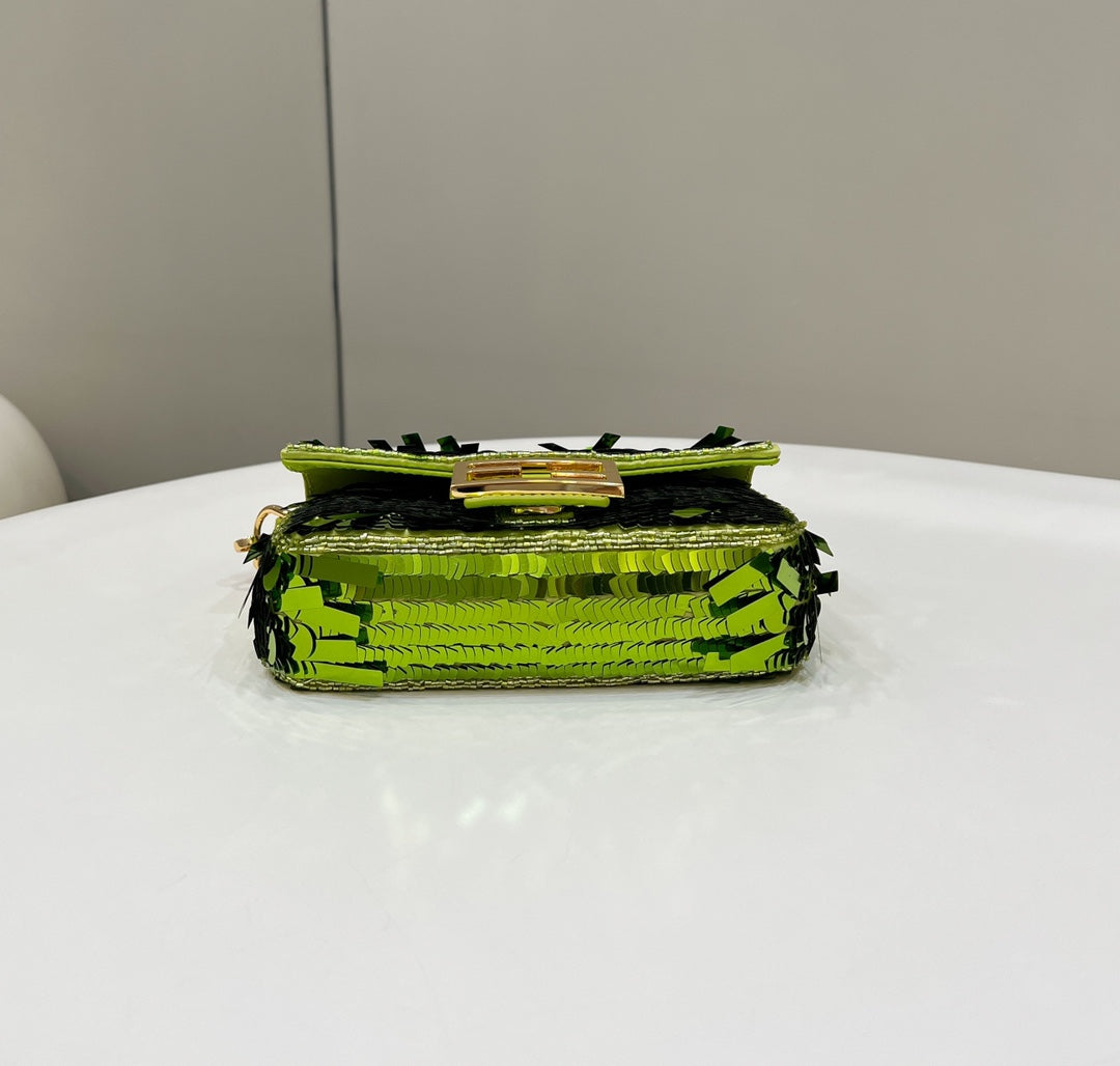 BAGUETTE MINI 19 IN LIMERICK GREEN SEQUINS GOLD HARDWARE