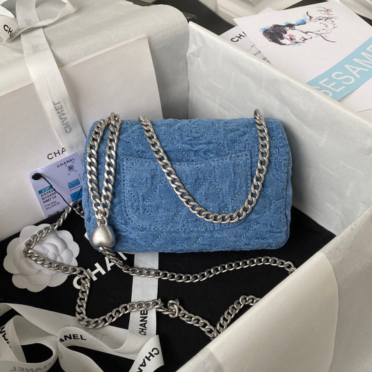 23P Flap Bag 19cm Denim Silver Hardware
