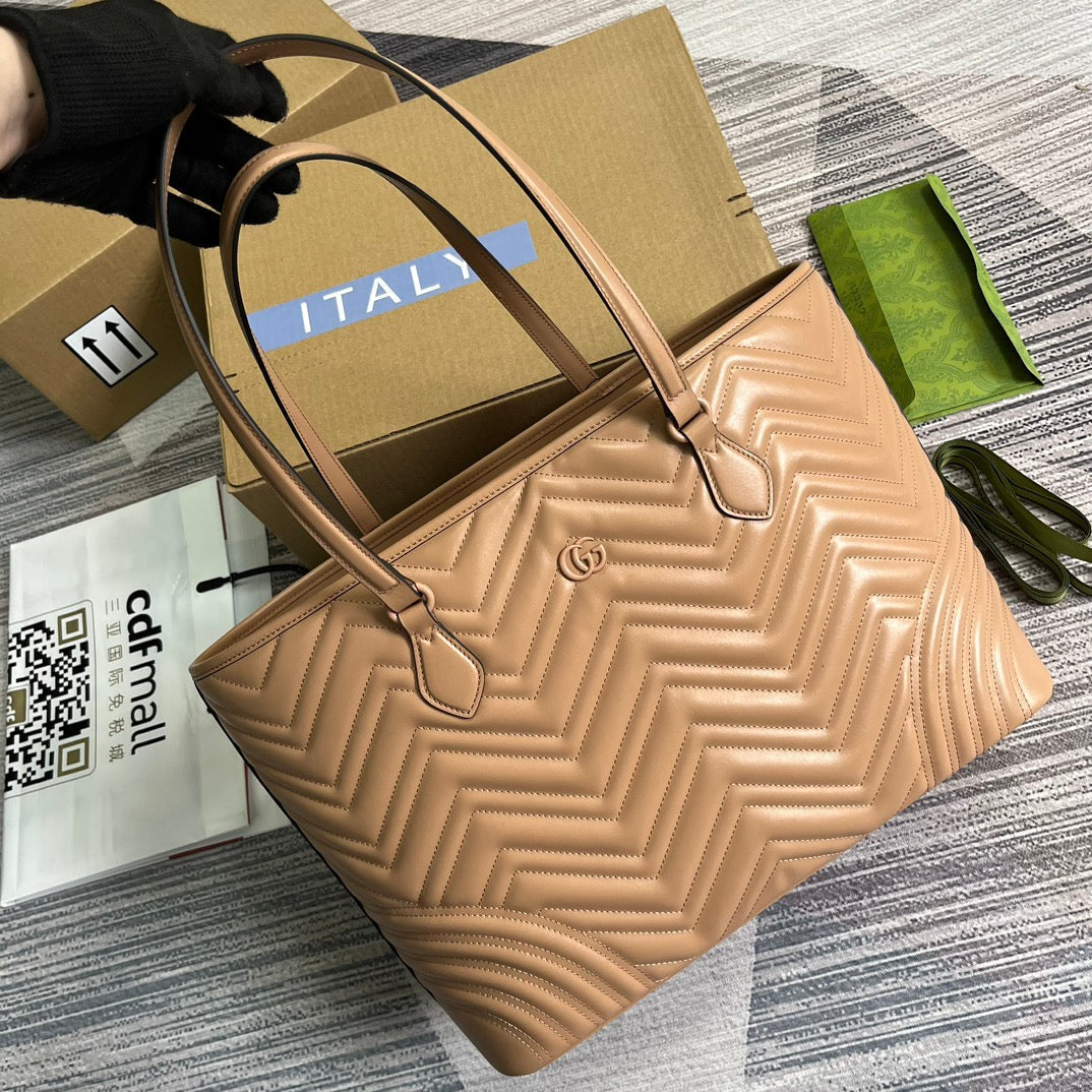 GG MARMONT LARGE 38 TOTE IN BEIGE CAMEL CALFSKIN