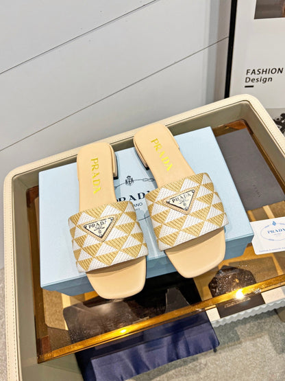 PRA EMBROIDERED SLIDES FLAT BEIGE FABRIC
