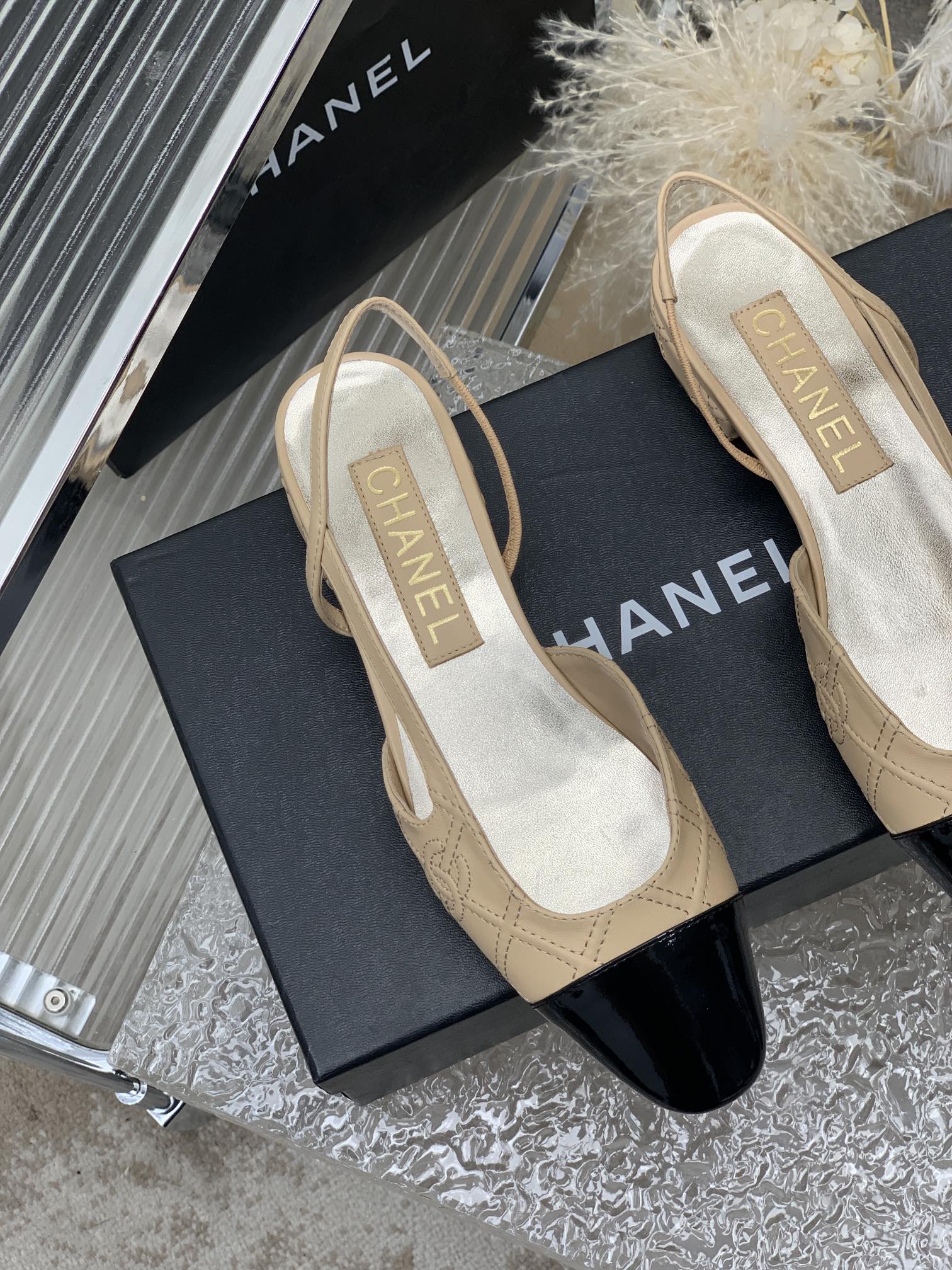 SLINGBACKS 20 BEIGE CREAM MIX BLACK CALFSKIN