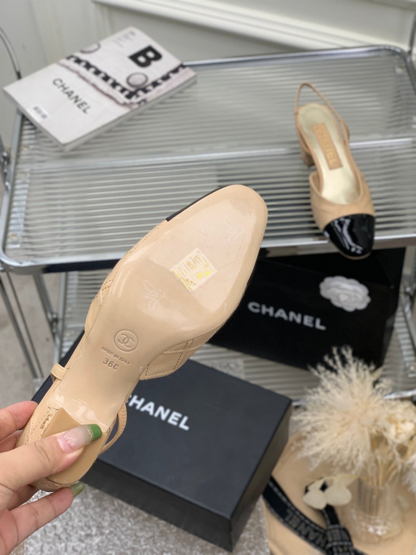 HIGH SLINGBACKS 65 BEIGE CREAM MIX BLACK CALFSKIN