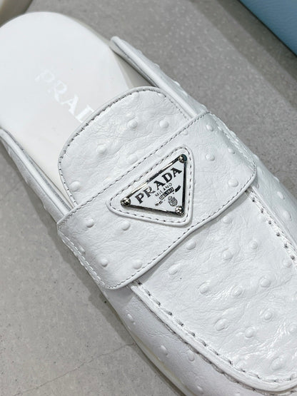 PRA OSTRICH PATTERN MULES WHITE CALFSKIN