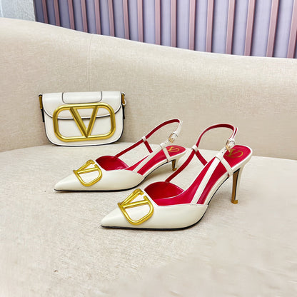 VLOGO SLINGBACK PUMP IN WHITE CALFSKIN LEATHER WITH GOLD LOGO
