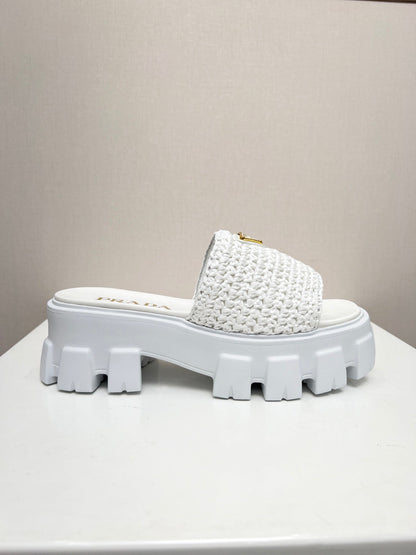 PRA THICK-SOLED CROCHET SANDALS WHITE WOVEN FABRIC