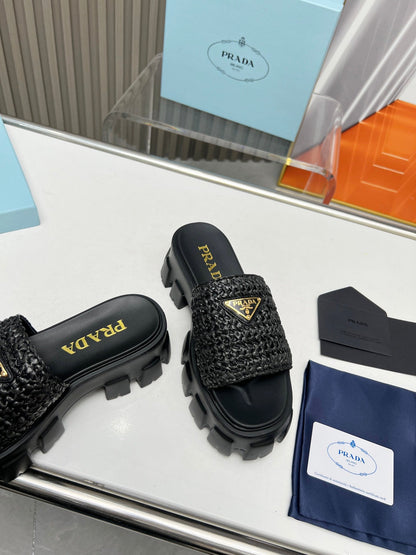 PRA THICK-SOLED CROCHET SANDALS BLACK WOVEN FABRIC