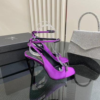 SL BUCKLE STRAP HEELED SANDAL SQUARE PURPLE SILK