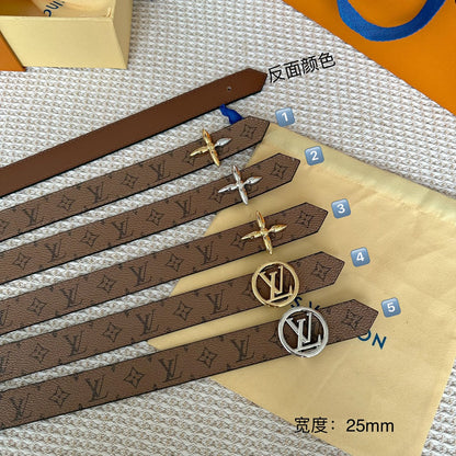LV CIRCLE 25MM REVERSIBLE BELT MEDIUM BROWN MONOGRAM CALFSKIN SILVER HARDWARE