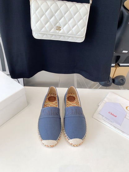 LOAFER SHOES IN PIGEON BLUE DENIM AND WOVEN RAFFIA