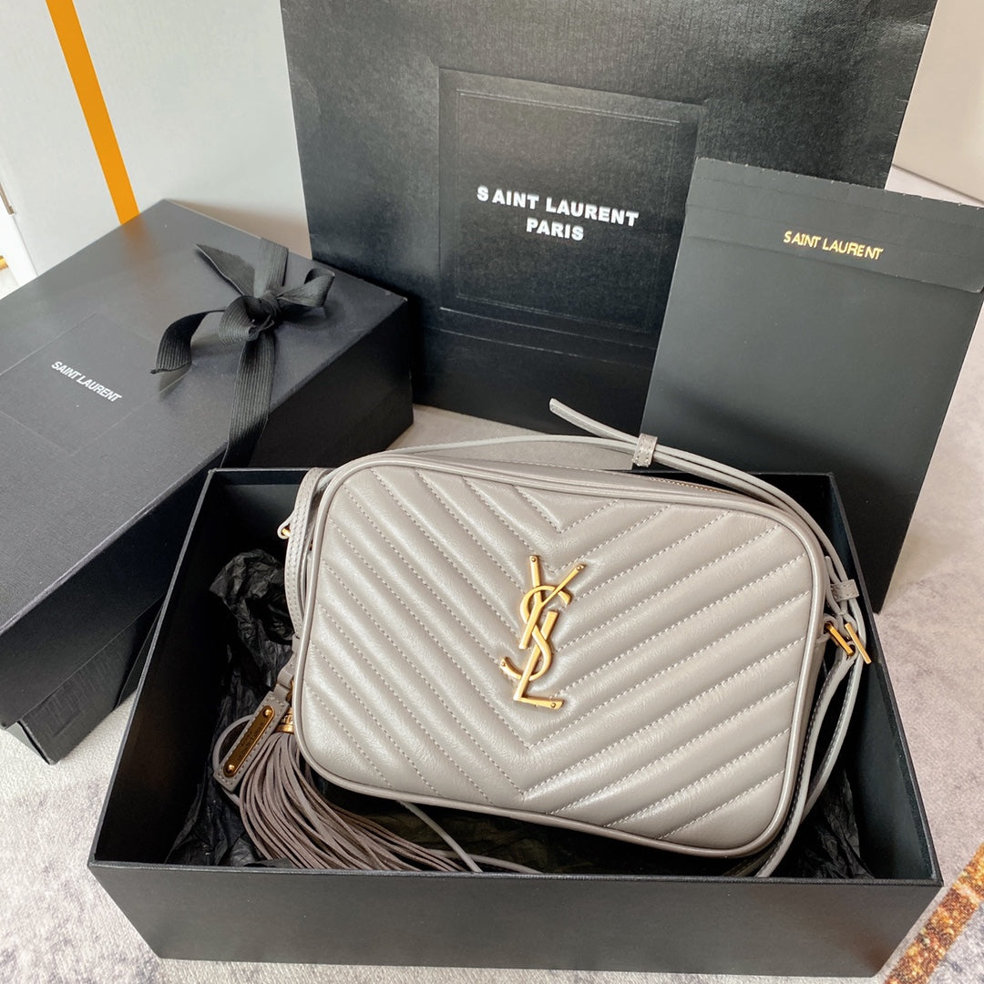 LOU CAMERA BAG 23 IN LIGHT GRAY CALFSKIN GOLD LOGO