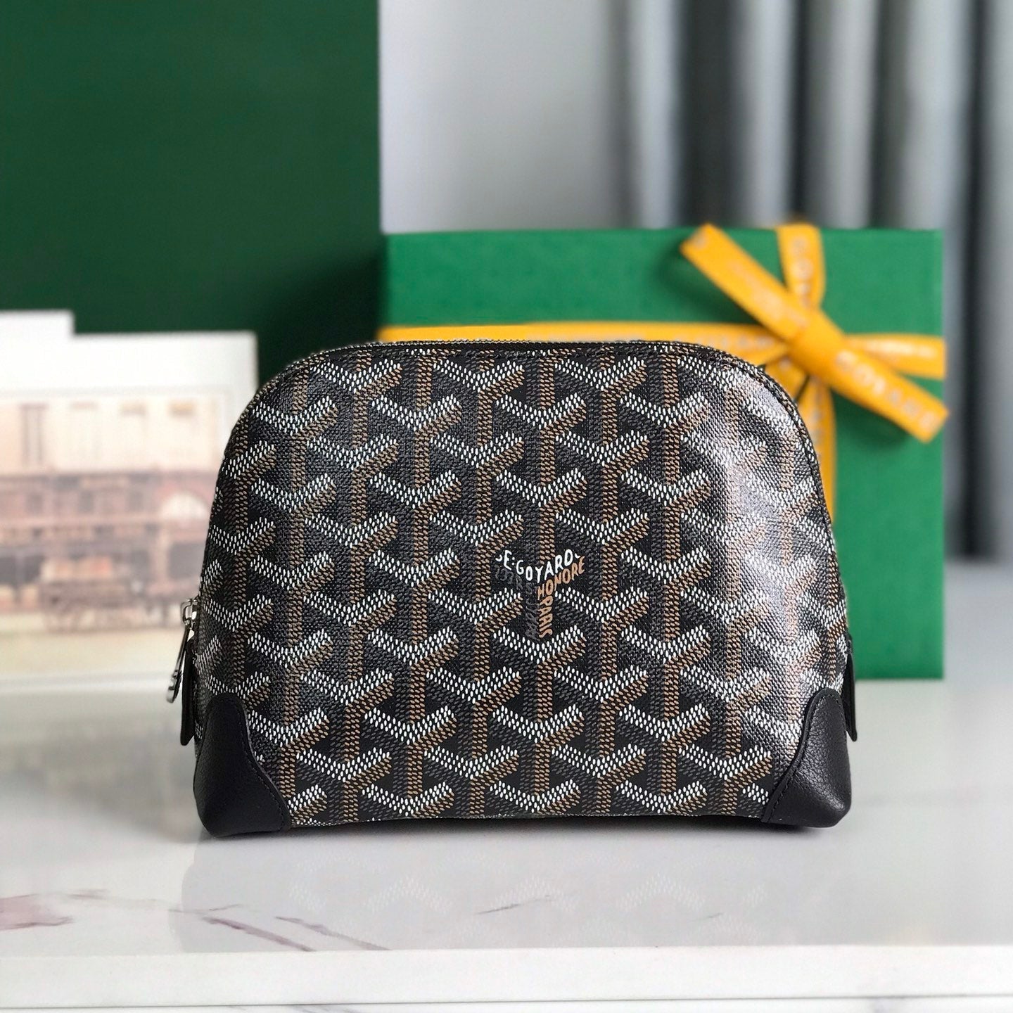 VENDÔME COSMETIC POUCH 17 IN BLACK GOYARDINE CANVAS AND CALFSKIN TRIM