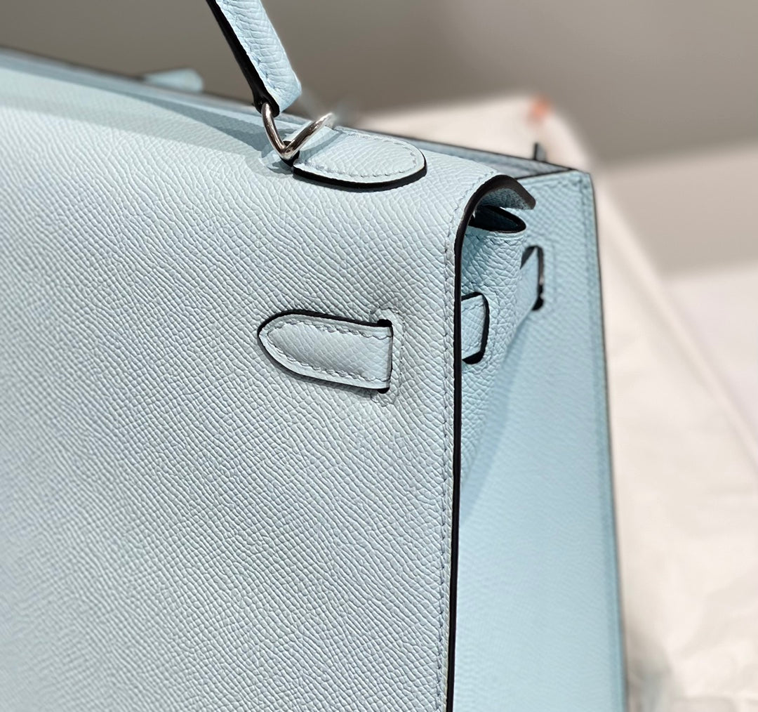 KELLY 28CM IN BLUE BRUME EPSOM CALFSKIN PALLADIUM HARDWARE