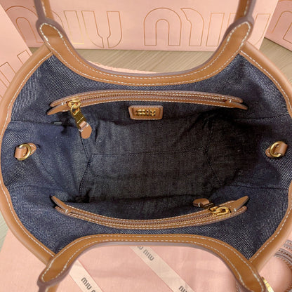 SMALL TOTE BAG 22 IN NAVY DENIM AND BROWN LEATHER TRIM