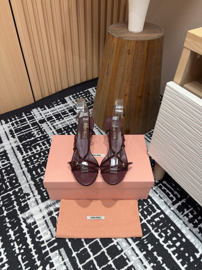 STRAP HIGH HEEL SANDALS IN WINE RED SHINY LAMBSKIN
