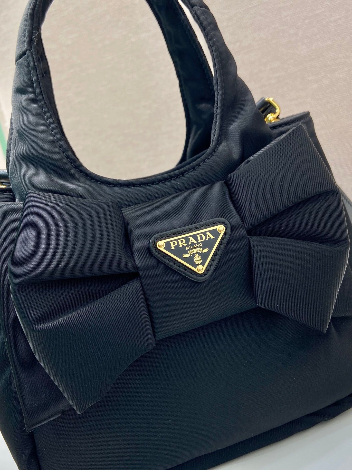 MINI BOW TOTE BAG 18 IN BLACK PADDED NYLON FABRIC