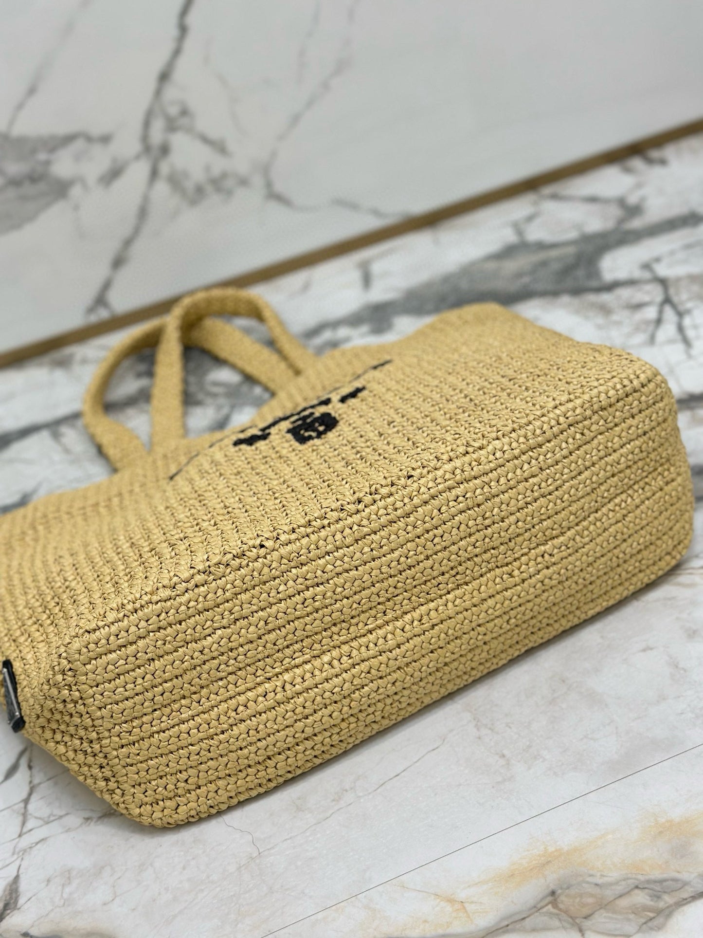 Prada 40 Cm Raffia Crochet Neutral Straw Tote Bag