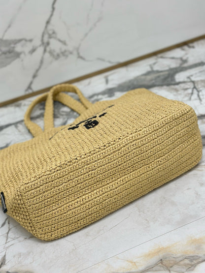 Prada 40 Cm Raffia Crochet Neutral Straw Tote Bag