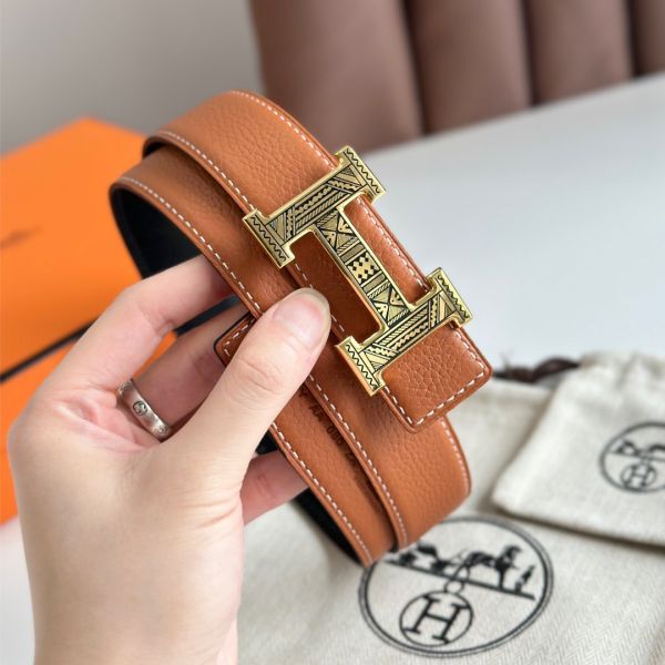 HERM H Touareg Reversible Belt 32MM in Gold Clemence Leather
