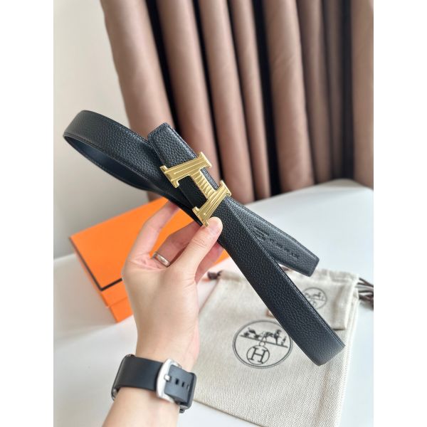HERM H Take Off Reversible Belt 32MM in Black Clemence Leather