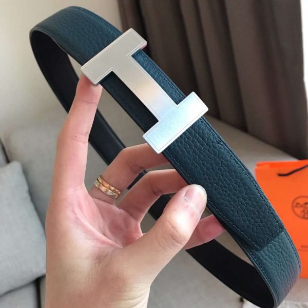 HERM Quizz 32mm Reversible Belt In Blue Clemence Leather