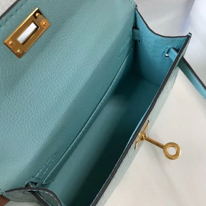 HERM Kelly Mini II Bag In Blue Atoll Embossed Crocodile Leather